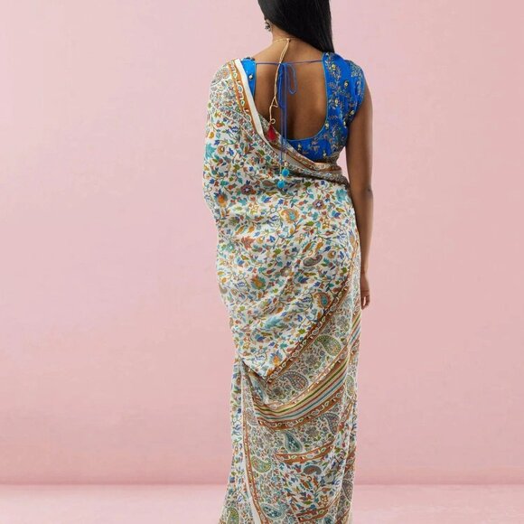 White Printed Kashmiri Silk Saree | Muvvas Boutique - Picture 5 of 5